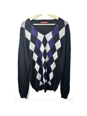 Stockhomme Argyle V Neck Sweater Mens XL Black Gray Purple Acrylic Pullover Knit